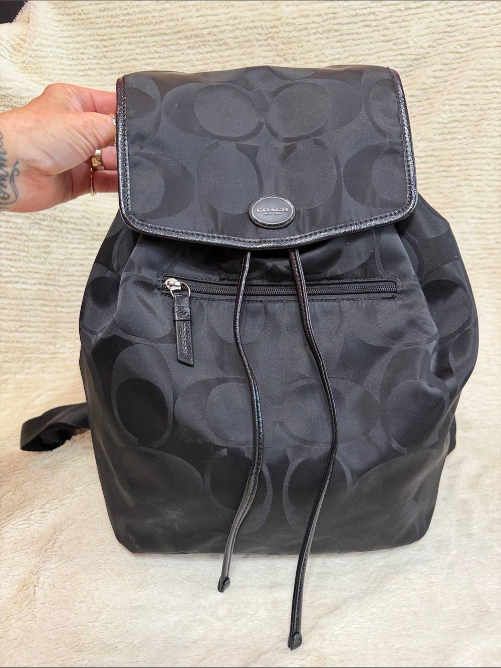 Coach Black Signature Nylon Drawstring Flap Backpack